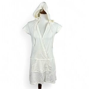 Lux Womens White Hooded Swim Cover Up V-Neck Kangaroo Pocket Large